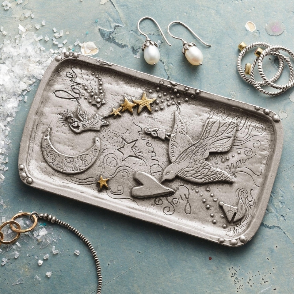 Rare Jes Maharry Wishes and Hope jewelry keeper Trinket Dish Pewter Signed